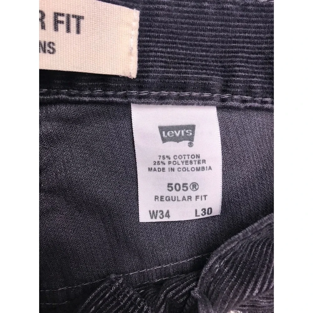 Levi's 505 Regular Fit Pants Mens 34x30 Charcoal Grey Classic‎ Corduroy Jeans